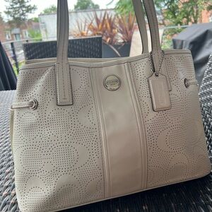 Coach Cream Pebbled Leather Tote with Metal Hardware